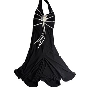 Stunning Cache Halter Dress with White Floral Brooch